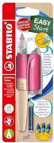 STABILO Ergonomic School Fountain Pen EASYbirdy Timber - A-Nib (Beginner) - Right-Handed - Pack of 1 - Pink with Erasable Blue Ink (Inc. Cartridge)
