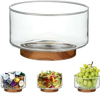 CAMATET Coffee Pod Holder, Glass Salad Bowl with Acacia Wood Base, Large Capacity K Cup Organizer for Kcup Creamer Storage, Espresso Capsule Holder Coffee Bar Accessories( 7 Inch,1 Pack )