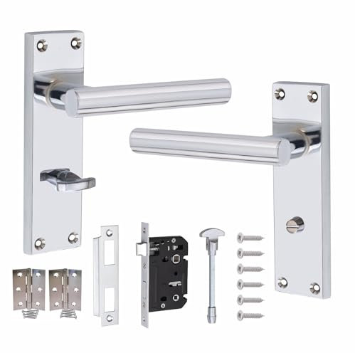 Golden Grace Victorian Straight T-Bar Door Handles Bathroom WC Toilet Complete in Polished Chrome Finish with (GG) Bathroom Mortise Lock and 1 Pair of 3 Standard Butt Hinges