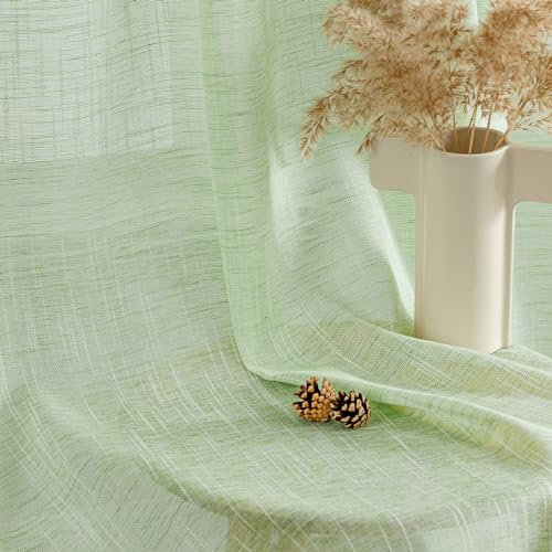 Woaboy Tende per Interni Lino Tende Semitrasparenti a Pannello per Soggiorno Camera da Letto Finestra 2 Pezzi 140x175cm Verde
