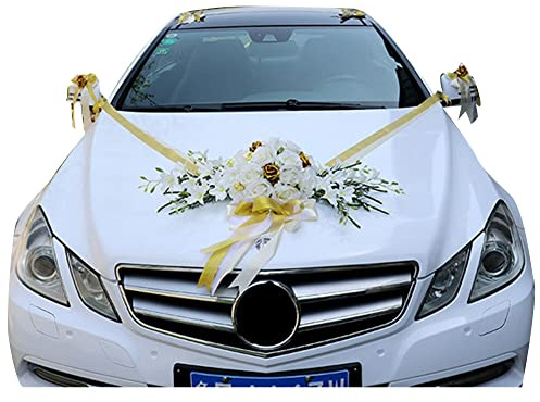 JAWSEU Kit Décoration de Voiture Mariage avec Bouquet De Fleurs Artificielles Rose, Nœud Ruban, Guirlande pour Banquet et Fête