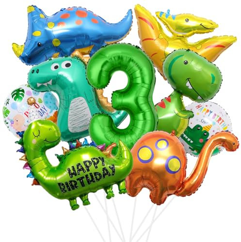 XXL Dino Geburtstag Deko, 3 Jahre Dinosaurier Folienballon, Dinosaurier Geburtstagsdeko Jungen, Grüner Luftballons Dino, Zahlenballon 3 für Dinosaurier Jurassic Dschungel Party Kinder Geburtstag