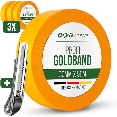 ART COLOR 3x Profi Goldband 30mm x 50m inkl. Cuttermesser - Maler Klebeband für exakte Farbkanten - UV beständiges Abklebeband - Alu Teppichmesser