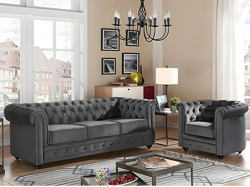 Vente-unique-Couchgarnitur 3+1 - Samt - Anthrazit - Chesterfield