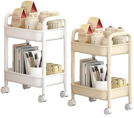 Carrello da cucina a 2 livelli a 1/2 ripiani, colore bianco/crema, per microonde, carrello su ruote girevoli con ripiani regolabili, supporto da cucina per microonde per piccoli spazi, ufficio,