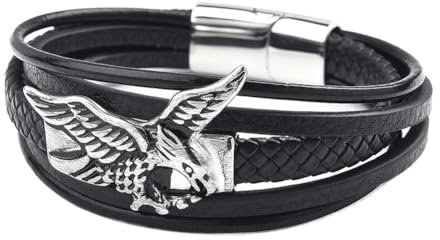 TQWSVUM Herren Eagle Geflochtenes Lederarmband - Viking Edelstahl Flying Eagle Mehrschichtiges Schwarzes Armband - Nordic Pirate Animal Leather Cord Cuff Armreif Amulett Schmuck(Silver_21CM)