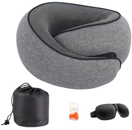 Mayeujds Memory Schaum Nackenkissen Flugzeug Set – 360° Nackenstütze Reisekissen mit 3D-Augenmaske & Ohrstöpseln | Ergonomisch & Komprimierbar für Reisen, Auto & Zuhause (grau)