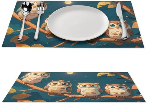 Tischsets 6er Set Tischset Eulen auf Ästen rutschfest Hitzebeständig Platzsets für Küchentisch Innen/Außen Abwaschbar Platzset Abwischbar Esstisch Matten