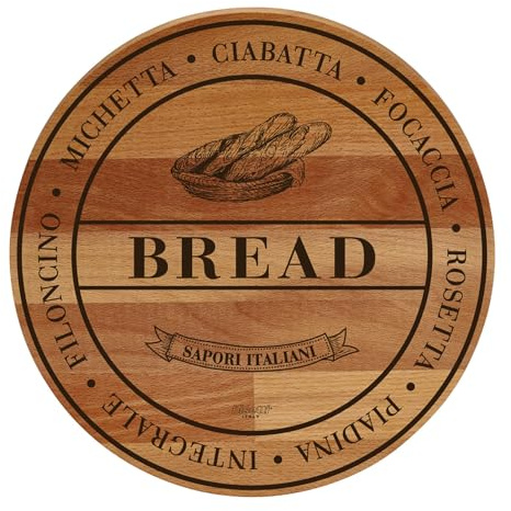 Tagliere Tondo in Legno 30x1,9 cm, Tagliere da Cucina in Legno di Faggio Serigrafato, Made in Italy, Tagliere Resistente, Tagliere in Legno per Aperitivi - BISETTI (Bread)