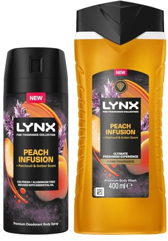 Lynx Fine Fragrance Peach Infusion Bundle of Body Spray 150ml Aluminium-Free with Body Wash 400ml Infused with a Peach, Patchouli and Amber Scent for Long Lasting Freshness