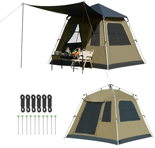 Instant Pop-Up Camping Tent with Removable Sunshade - 3-4 Person Dome Tent with UV Protection & Ventilation, Waterproof Windproof for Beach, Hiking, Outdoor. (Olive)
