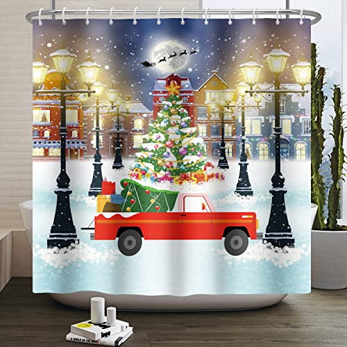 Kzzfqxb Rideaux de Douche 183x183cm avec Crochets, Nouvel an Arbre de Noël lumières de Rue Voiture Rouge Ville enneigée, étanche Tissu Polyester pour Baignoire, Festival décoration pour Salle de Bain