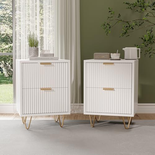 FEEOHOME Lot de 2 Tables de Chevet, Table de Chevet avec 2 tiroirs, Table de Nuit Blanche Moderne avec Pieds et Motif de Vagues pour Chambre, Salon, 40 x 40 x 55 cm