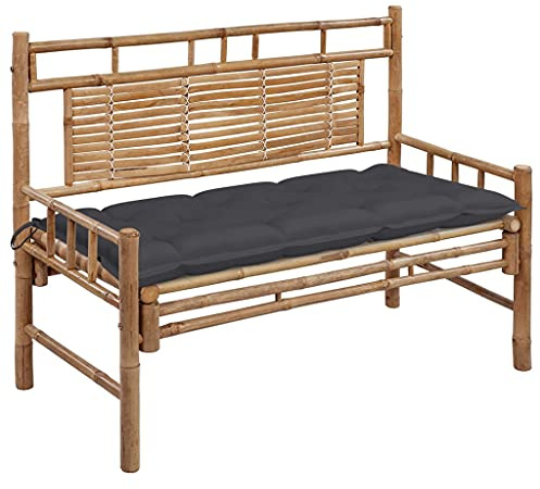 Zeehear Gartenbank mit Auflage 120 cm, Bambus Holz Sitzbank für Terrasse Veranda, wetterfeste Outdoor Gartenmöbel, Bequeme Parkbank mit Kissen, anthrazit