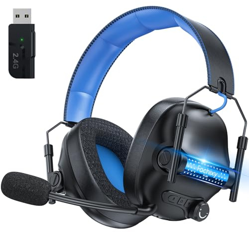 Fachixy FC400 Wireless Gaming Headset, Bluetooth Gaming Headphones with Mic for PS5, PS4, PC, Switch, Laptop, Mac, Fast Charge 50Hr Battery and Cool Lights - Black Blue