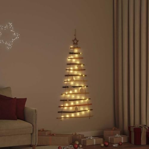 Árbol de Navidad con 50 ledes de color blanco cálido, 120 cm, madera de fresno maciza, colgante para interior y exterior protegido, alimentado por USB
