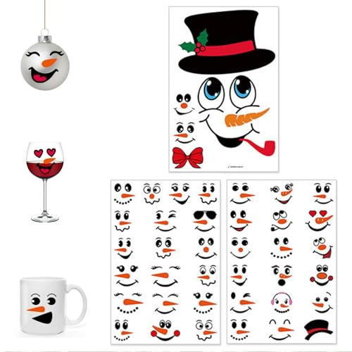 Celblisora 42 Stück Schneemann-Gesichtsaufkleber Set,Schneemann-Gesichtsaufkleber für Ornamente,Weihnachts-Vinyl-Transferaufkleber für Tassen,Becher,Gläser,DIY-Aufkleber