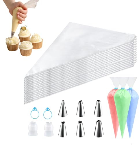100 Piezas Manga Pastelera Profesional, Mangas Pasteleras Desechables | con 6 Boquillas + 2 Acopladores + 2 Ligas de Silicona, para Decoración de Cupcakes, Pastelería, Tartas, Chocolate