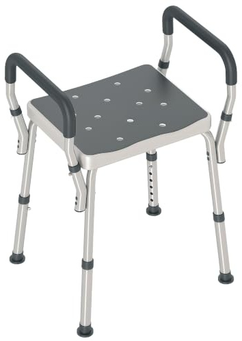HOMCOM Sgabello Doccia in Alluminio Altezza Regolabile 57-69 cm Grigio | Sgabello Bagno con Braccioli, Sedia per Doccia Anziani 150 kg, Sedile per Vasca da Bagno, Piedini Antiscivolo
