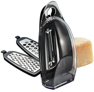 Simposh Palm Grater - Comfortable Compact Handheld Mouse Grater. Stands Vertically Horizontally Hang On Hook. Peeler Slicer Grater Zester All-In-One. Food Storage Compartment. 3 Stainless Steel Blades