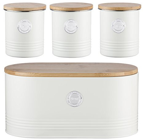 Typhoon Living Cream Tea Coffee Sugar and Bread Bin Set with Select Homeware Jumbo Tea Towel