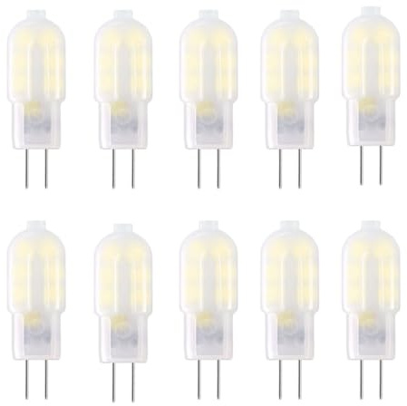 WULUN G4 Bi-Pin Basis LED Birnen 2W Energiesparlampen mit milchiger weißer Abdeckung, ersetzen 20W Halogen, 6000K Kühlweiß, 200LM, 360°Strahlwinkel, AC/DC 12V, nicht dimmbar, 10Pcs