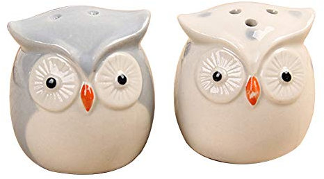 Almabner 2 PCS Salt & Pepper Shakers,Ceramic Grayish White Owl Seasoning Box