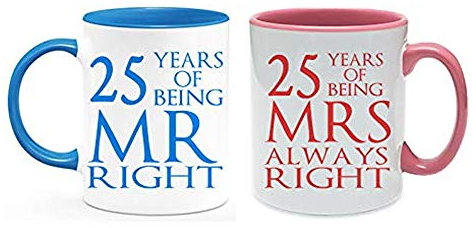 Getagift Silver Anniversary 25 Years of Being Mr Right & Mrs Always Right Set of 2 Wedding, Valentines Day, Coloured Couple Mug Set. (25 Years)