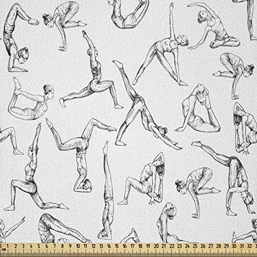 ABAKUHAUS Yoga Stoff als Meterware, Minimal Menschen Poses Übung, Microfaser Stoff für Dekoratives Basteln, 1M (230x100cm), Weiß Grau