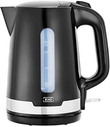 KHG Wasserkocher WK-1708 SE2 schwarz Edelstahl 1,7 Liter, abwaschbarer Kalkfilter, Wasserstandsanzeige, Trockengehschutz & Abschaltautomatik, verdecktes Heizelement, BPA-frei, 2200 Watt
