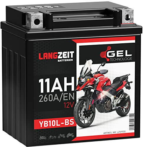 LANGZEIT YB10L-BS Motorradbatterie GEL 12V 11Ah 260A/EN 51113 YB10L-A2 YB10L-B2 Batterie 12V doppelte Lebensdauer vorgeladen auslaufsicher wartungsfrei