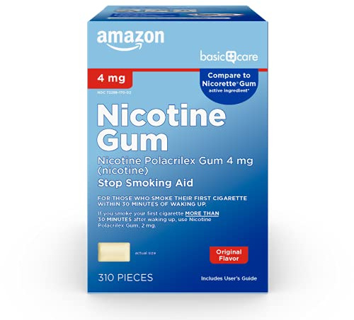 Amazon Basic Care Nicotine Polacrilex Uncoated Gum 4 mg, Original Flavor, Stop Smoking Aid, Reduces Withdrawal Symptoms and Nicotine Cravings, 310 Count