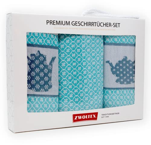 ZWOLTEX Premium Geschirrtücher Set Ägyptische-Baumwolle I Made IN EU I Oeko-TEX 100 I Jacquard Geschirrhandtücher Geschenkset - 3X Küchentücher (Geschenkset (3X Geschirrtücher), Teekanne Türkis)