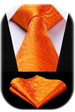HISDERN Herren Krawatte Taschentuch Paisley Krawatte & Einstecktuch Set Blumen Jacquard Gewebt Schlips Einfarbig (Orange)