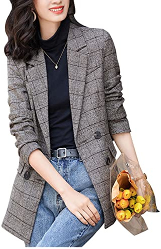 ebossy Blazer boyfriend à revers cranté à 2 boutons pour femme, motif pied-de-poule, Small