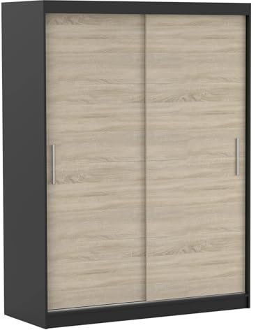 Fabryka Mebli Idźczak Schwebetürenschrank 2-türig Grau/Sonoma, 61×150×200 cm, 16 mm Laminatplatte, ABS-Kanten, Kleiderstange, Einlegeböden, leises Schwebetürsystem, Schlafzimmer