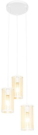Qazqa - Retro Retro-Hängelampe I Pendellampe I Pendelleuchte weiß mit Rattan 3-flammig rund - Akira I Wohnzimmer I Schlafzimmer - Rund - LED geeignet E27