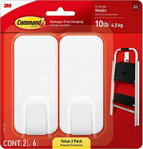 Command 10 lb XL Heavyweight Hook, 2 Wall Hooks and 6 Strips, Damage-Free Hanging with Adhesive, Heavy Duty Hanging Great for Organization and Storage