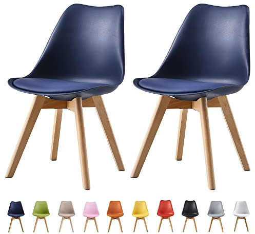 mcc direct Set of 2 Dining Chairs Wooden Legs Soft Cushion Pad Stylish DELUXE Retro Lounge Dining Office EVA (Blue)
