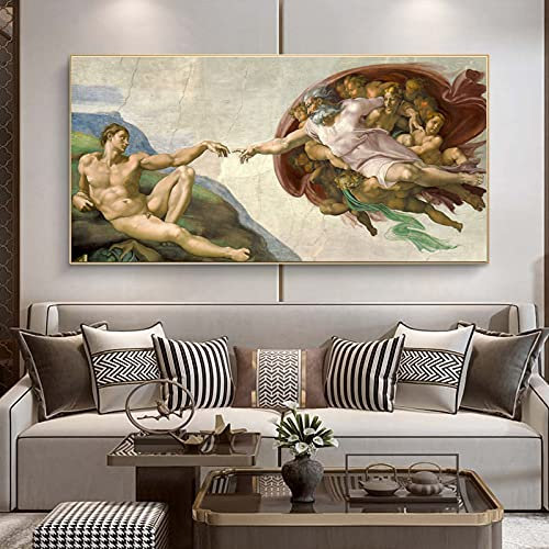 Zhaoyang Art Die Erschaffung Adams von Michelangelo Leinwand Gemälde Wandkunst XXL Leinwanddrucke berühmte Kunstbilder für Wohnzimmer 60 x 132 cm/24 x 52 Zoll Mit Rahmen