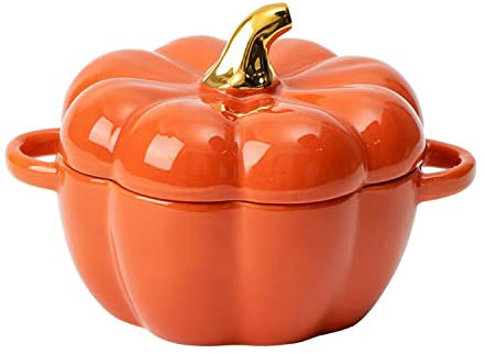 FYUEROPA Ensemble de bols à citrouille avec couvercle et poignée, 414 ml - Ramequins en céramique pour pâtisserie, cocotte individuelle, en grès, passe au four (orange)