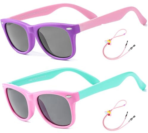 Lentes de Sol Flexibles para Niños y Niñas Polarizados Irrompibles Protección UV400 Certificado Bebés Gafas con Funda, 2-8 Años (Morado/Rosa + Rosa/Cian)