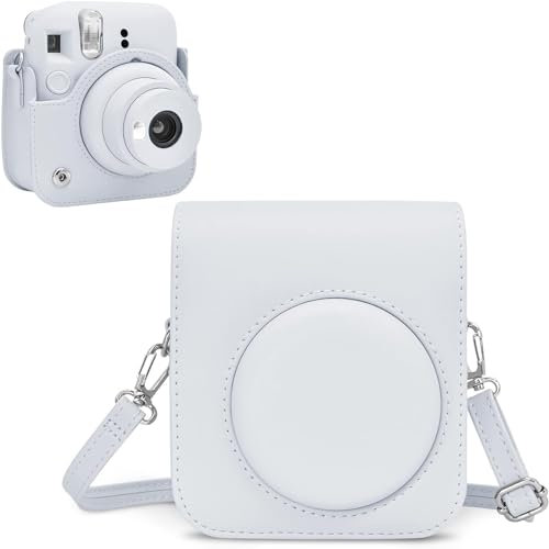 Rieibi Housse pour Instax Mini 12 - Étui de Protection en Cuir PU pour Fujifilm Instax Mini 12 - Étui Amovible avec Bandoulière - Blanc