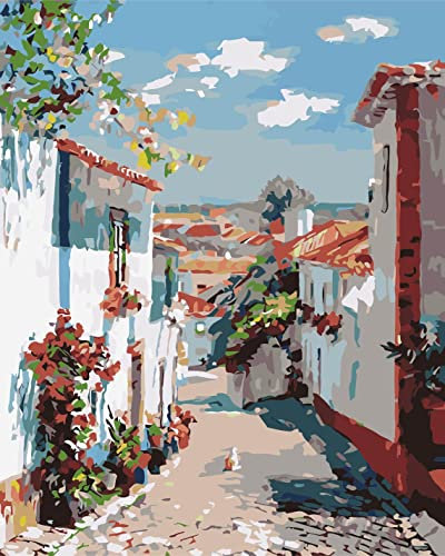 SULISO Peinture par Numéro Adulte avec Pinceaux et Acryliques Bricolage Peintures Kits pour Adultes Enfants Seniors Débutant, Peinture à l'huile de Bricolage - 40x50cm-Petit village au bord de la mer