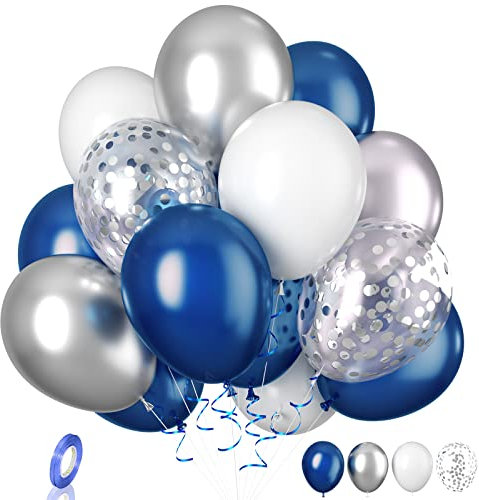 Luftballons Blaue, 20 Stück Marineblau Silber Luftballons Geburtstag, 12 Zoll Blaue und Silbern Latexballons, Silber Konfetti ballons Helium für Geburtstag Babyparty Hochzeit Abschlussfeier Party Deko