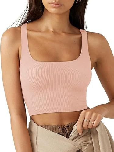 Rongseng Débardeur Femme Crop Top Sexy Crop Tank Tops sans Manches à Col Carré Côtelé Sports Camisole Cropped Côtelé Été Basiques Yoga Fitness Haut