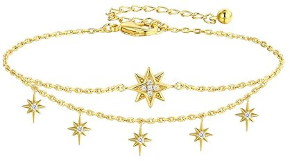 AILIFE Vergoldete geschichtete Stern Armband, verstellbare zierliche 14K Kette Gold Armband mit Cubic Zirkonia Link für Frauen