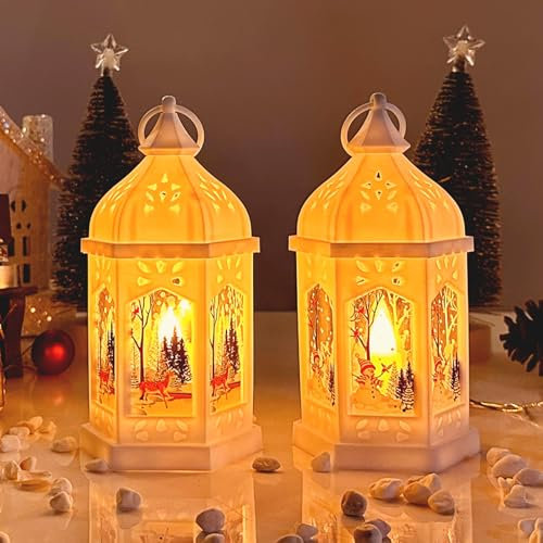 2 Stück Weihnachtsdeko Laterne Weihnachtslaterne mit Warmweißes LED Licht, 18cm Weihnachten Deko Beleuchtete Windlicht Weihnachten , Batteriebetrieben Weihnachtsdekoration innen