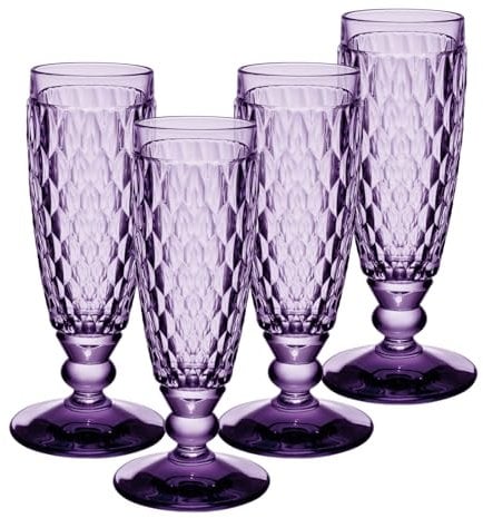 Villeroy & Boch Boston Lavender Sektgläser 4er Set, 145 ml, Farbige Sektkelche mit Facettenmuster, Kristallglas für Champagner und Schaumwein, Spülmaschinengeeignet, Lila