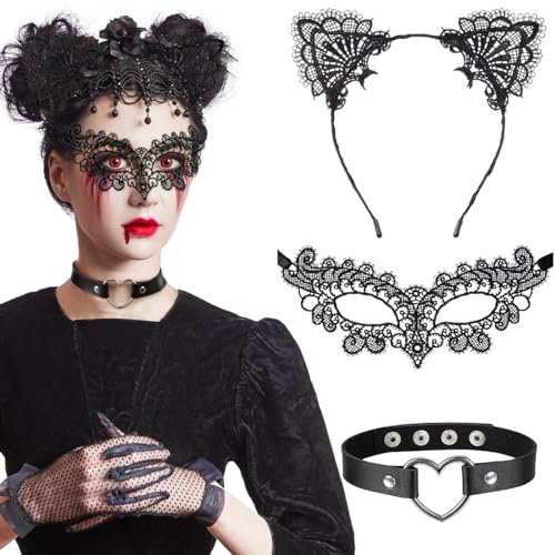Venezianische Maske Damen, 3Stk Spitze Catwoman Maske Sexy Katzenohren Haarreif Schwarz Halskette Choker, Katzenmaske Augenmaske Cat Ears Stirnband für Halloween Karneval Cosplay Katzenkostüm Zubehör